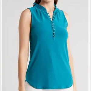 Women's Ruffle Half Placket Sleeveless Top Size M ELIE ELIE TAHARI Turquoise NEW